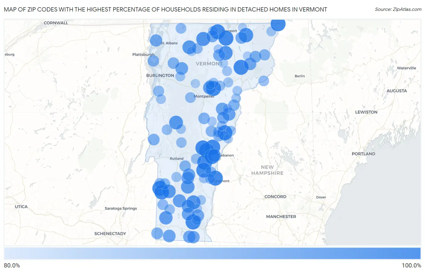 Zip Codes with the Highest Percentage of Households Residing in Detached Homes in Vermont Map