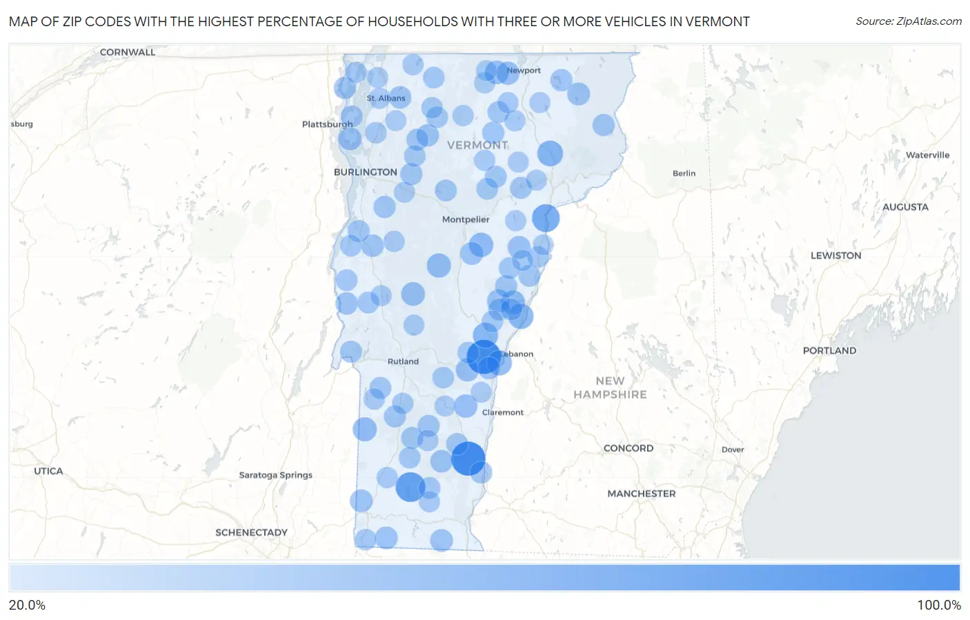 Zip Codes with the Highest Percentage of Households With Three or more Vehicles in Vermont Map