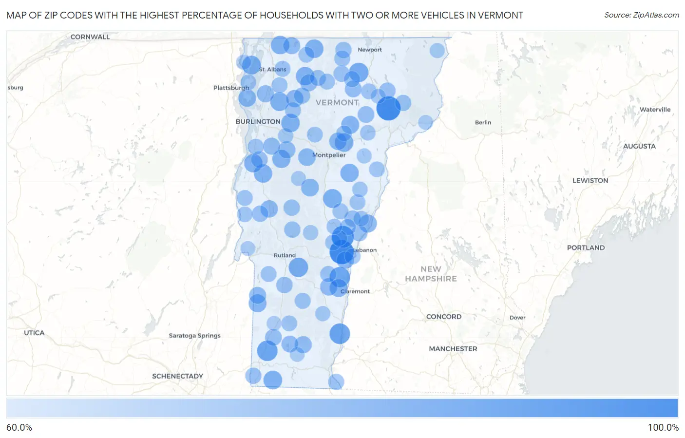 Zip Codes with the Highest Percentage of Households With Two or more Vehicles in Vermont Map