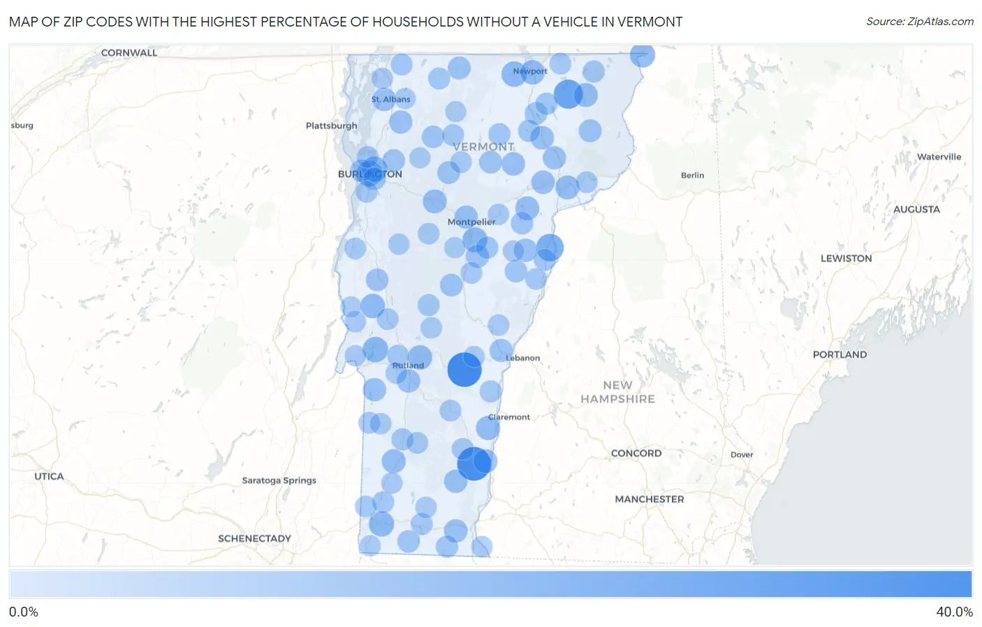 Zip Codes with the Highest Percentage of Households Without a Vehicle in Vermont Map