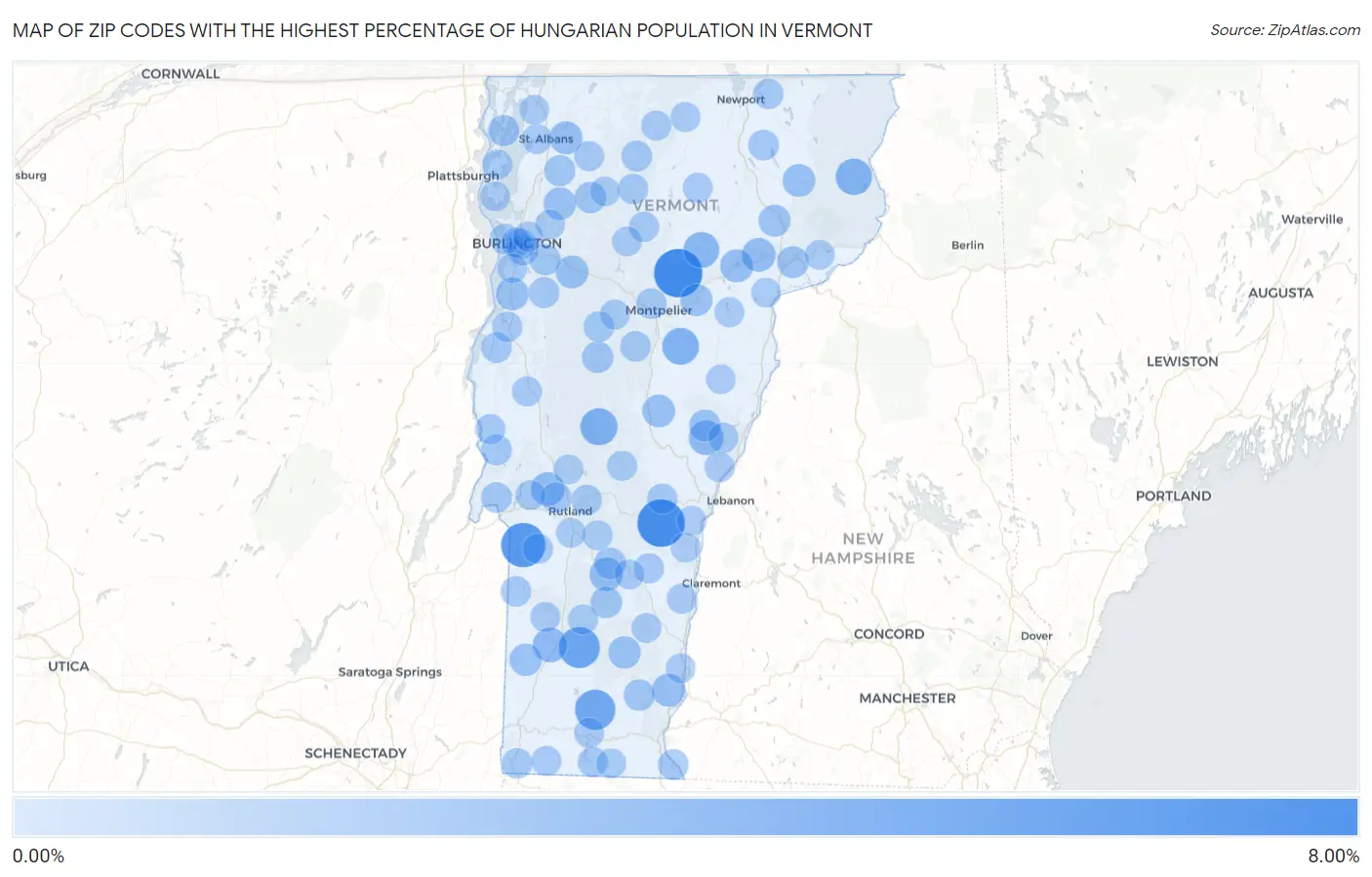 Zip Codes with the Highest Percentage of Hungarian Population in Vermont Map