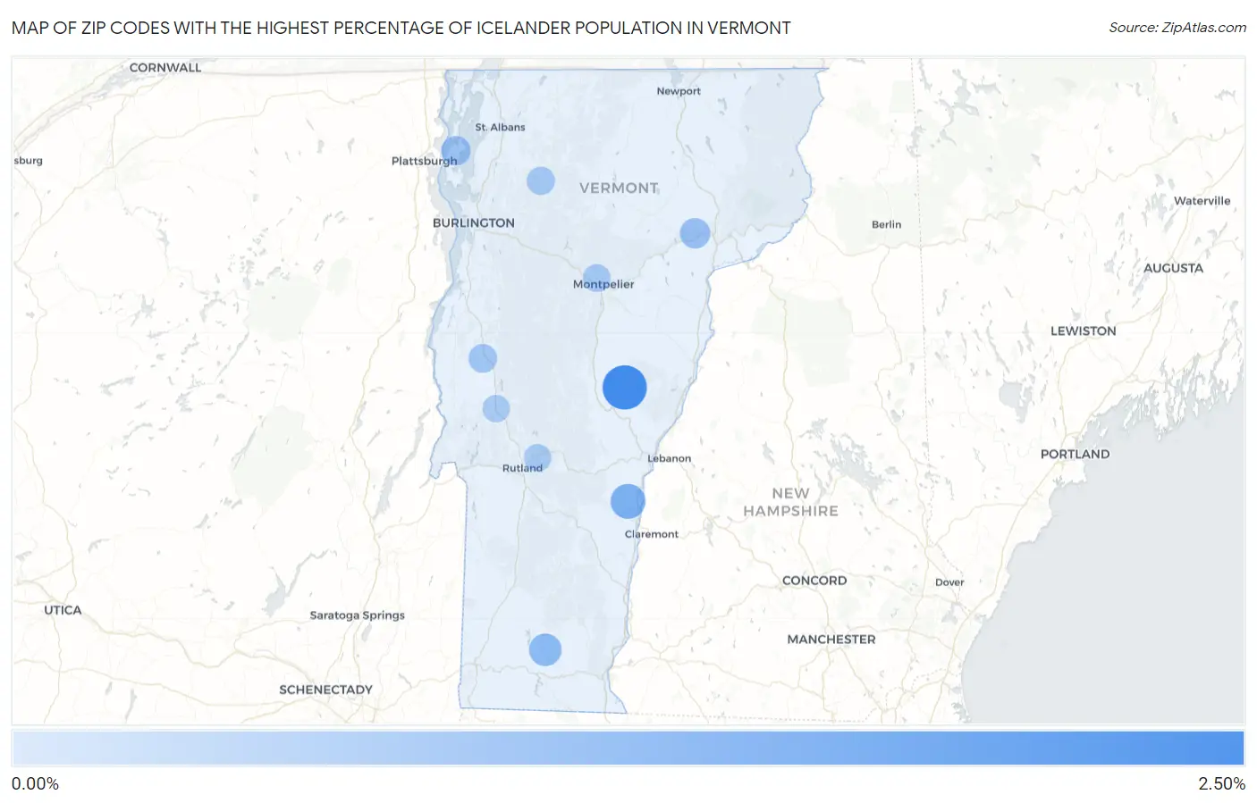 Zip Codes with the Highest Percentage of Icelander Population in Vermont Map