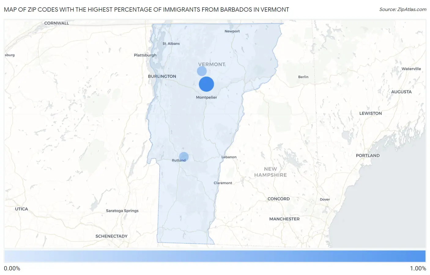 Zip Codes with the Highest Percentage of Immigrants from Barbados in Vermont Map