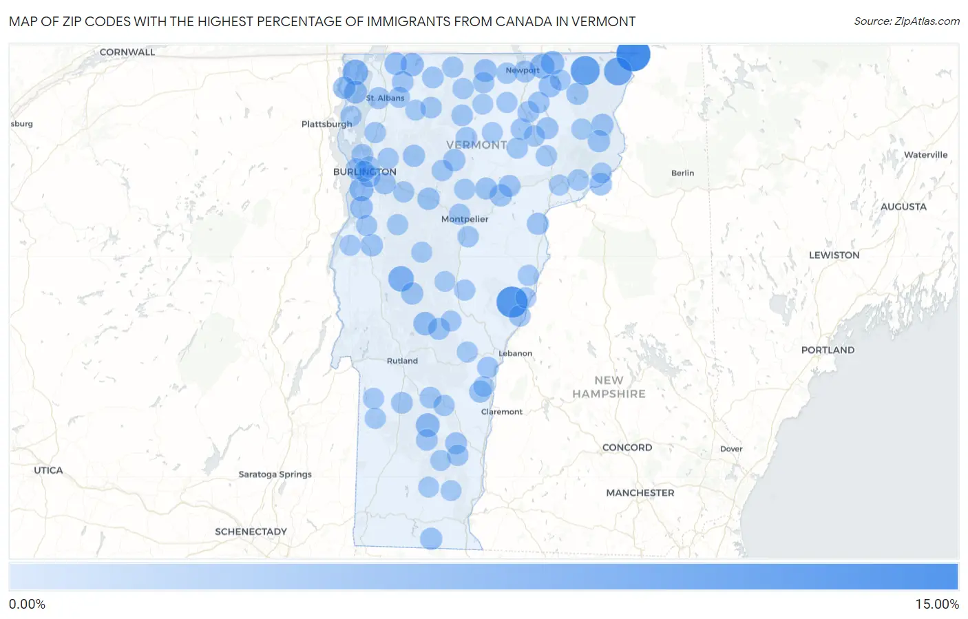 Zip Codes with the Highest Percentage of Immigrants from Canada in Vermont Map