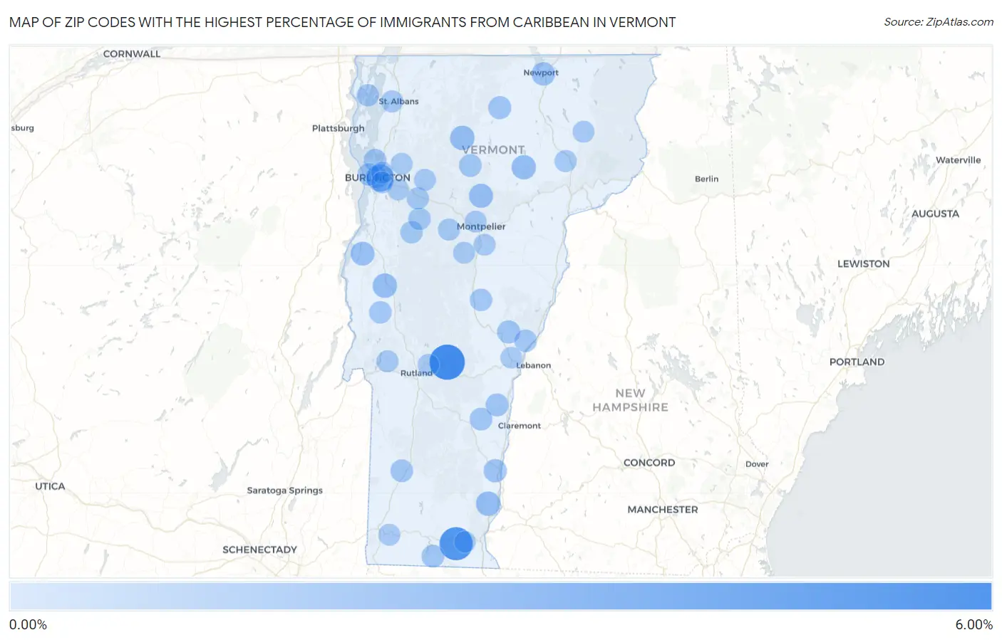 Zip Codes with the Highest Percentage of Immigrants from Caribbean in Vermont Map