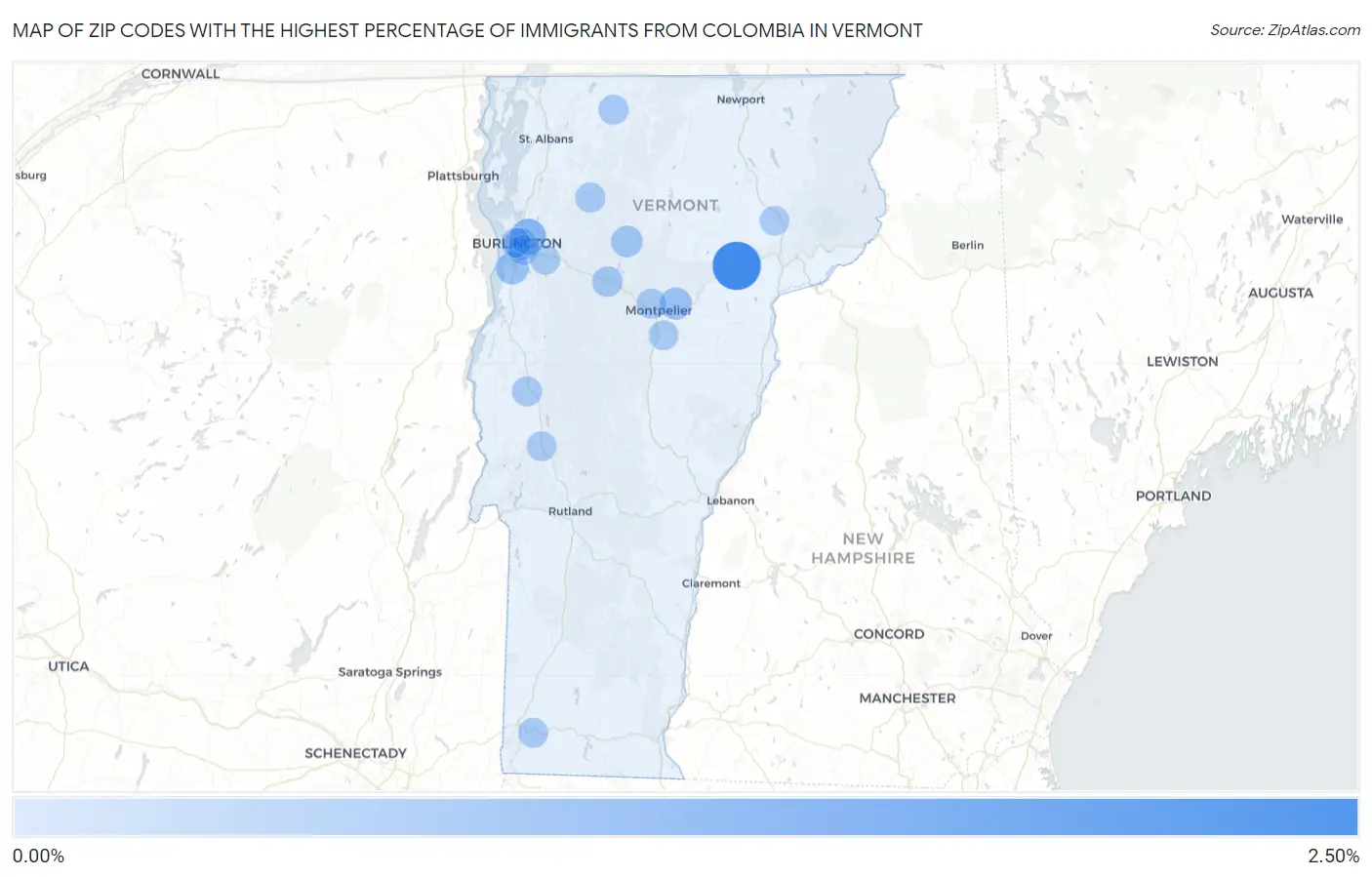 Zip Codes with the Highest Percentage of Immigrants from Colombia in Vermont Map