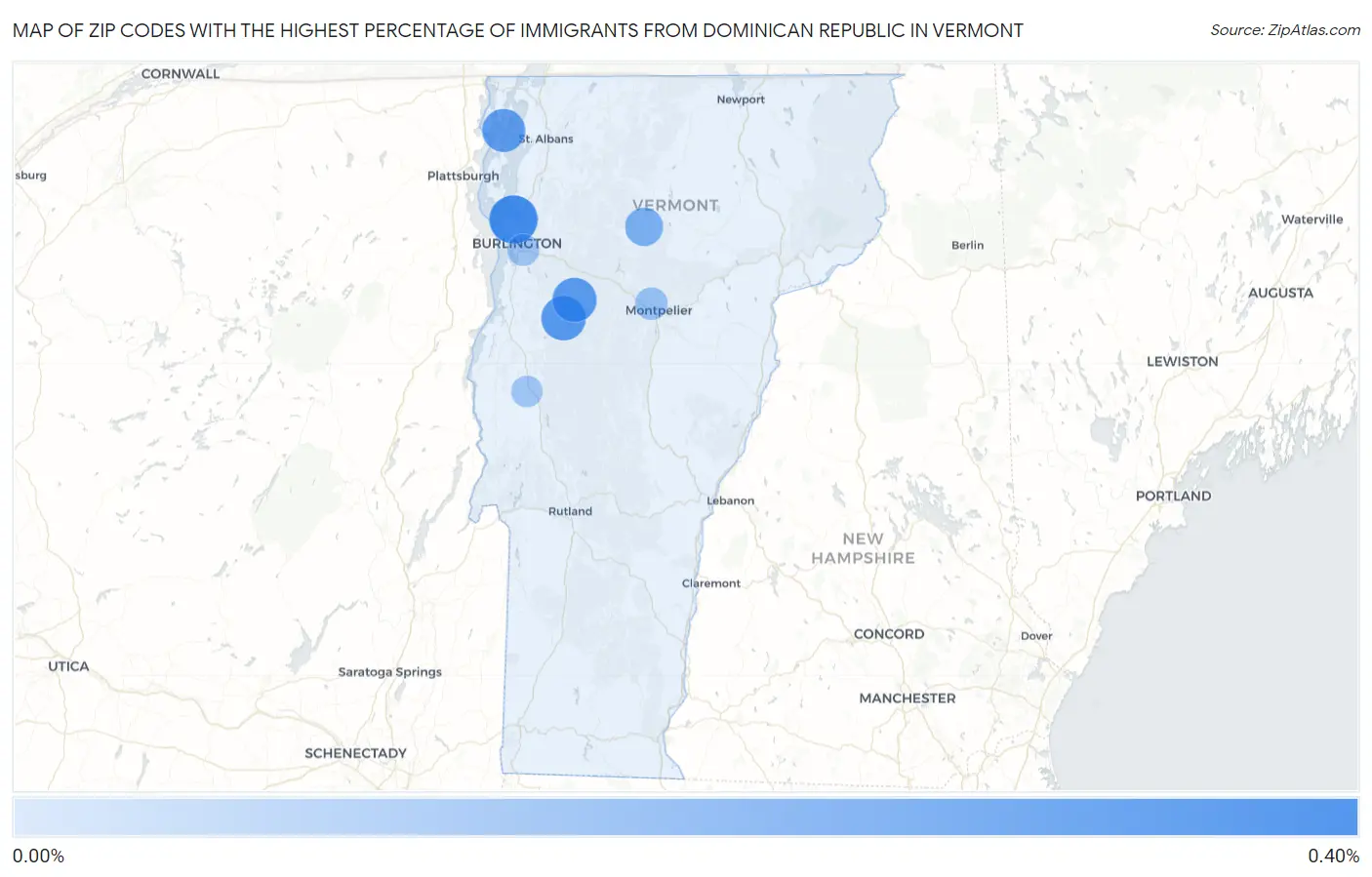 Zip Codes with the Highest Percentage of Immigrants from Dominican Republic in Vermont Map