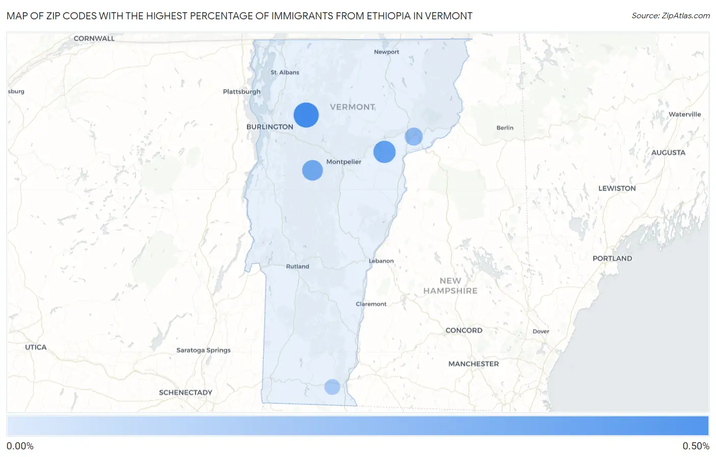 Zip Codes with the Highest Percentage of Immigrants from Ethiopia in Vermont Map