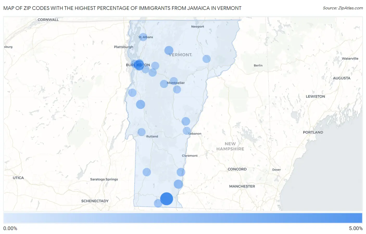 Zip Codes with the Highest Percentage of Immigrants from Jamaica in Vermont Map