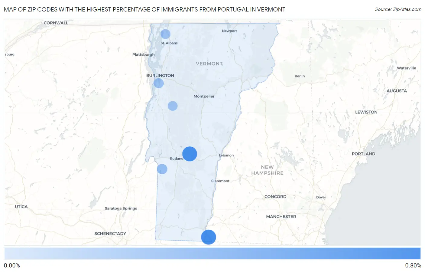 Zip Codes with the Highest Percentage of Immigrants from Portugal in Vermont Map