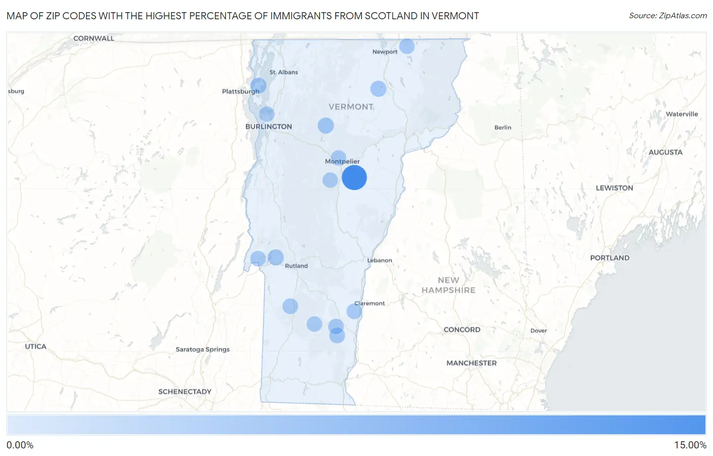 Zip Codes with the Highest Percentage of Immigrants from Scotland in Vermont Map