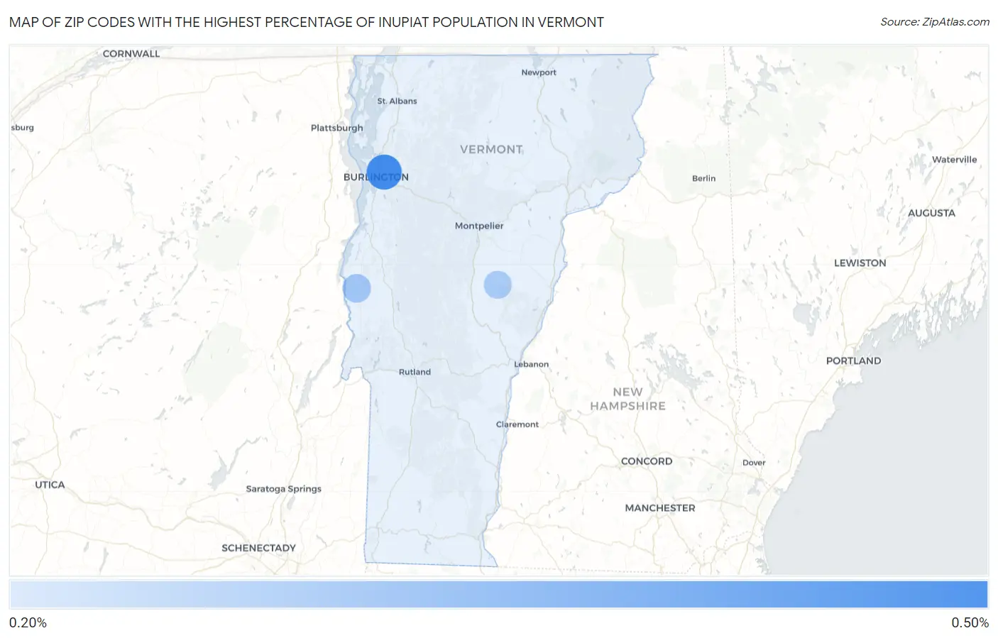 Zip Codes with the Highest Percentage of Inupiat Population in Vermont Map