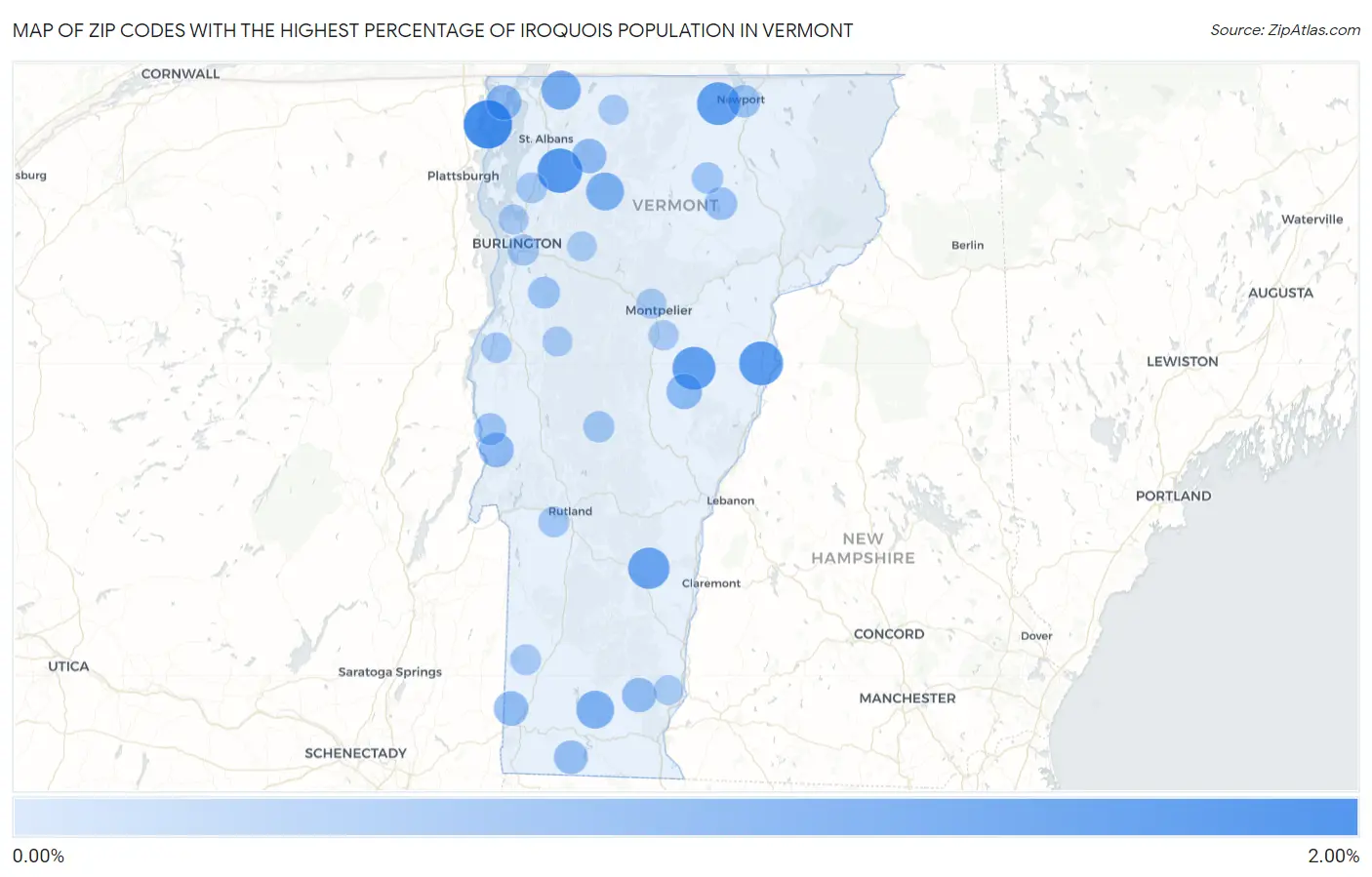 Zip Codes with the Highest Percentage of Iroquois Population in Vermont Map