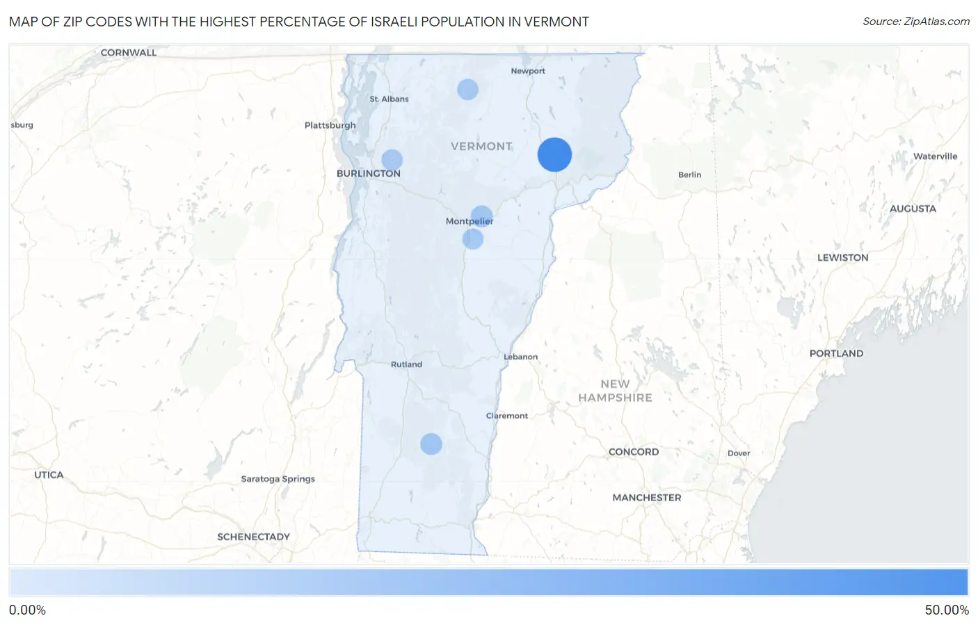 Zip Codes with the Highest Percentage of Israeli Population in Vermont Map