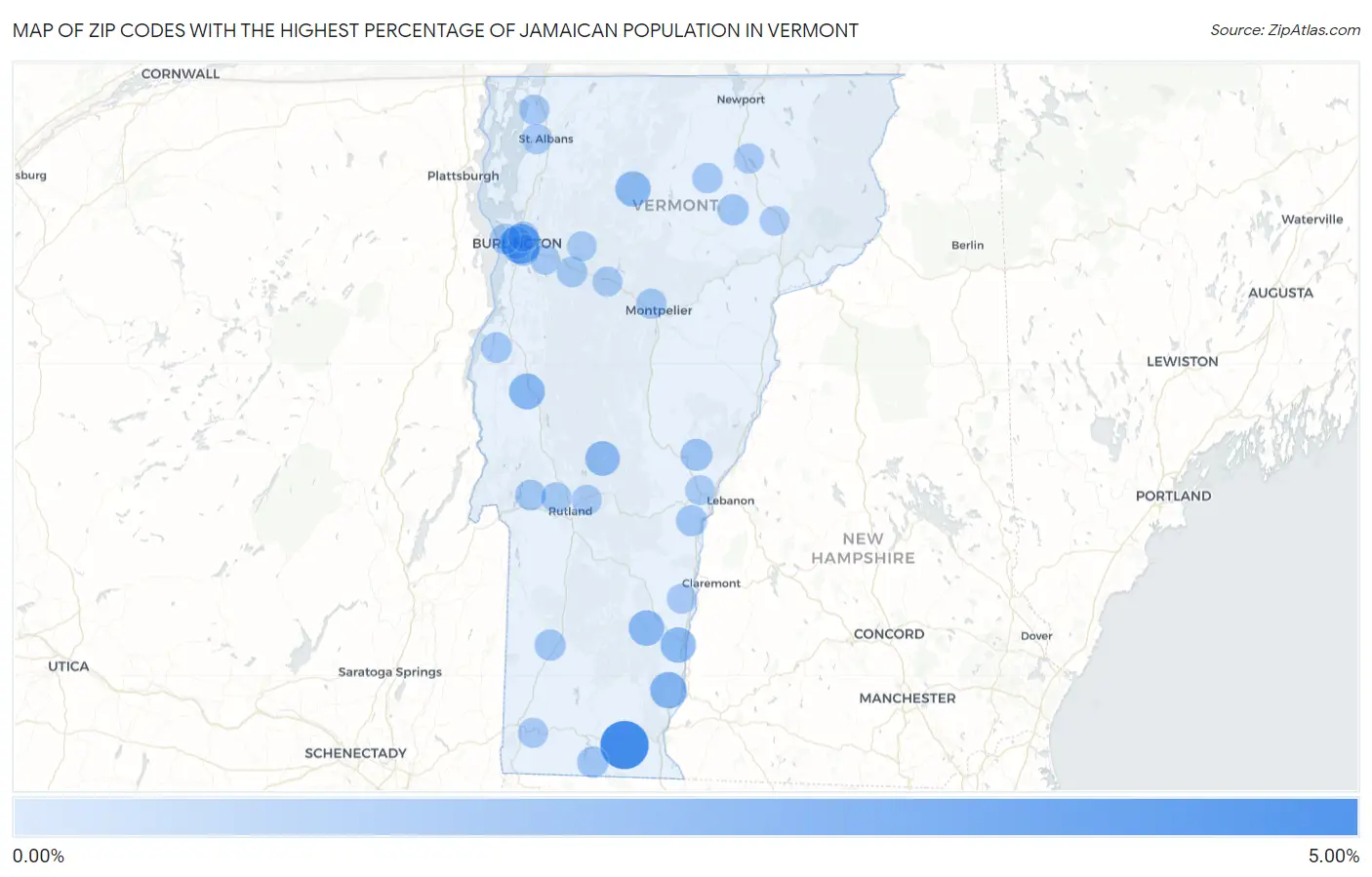Zip Codes with the Highest Percentage of Jamaican Population in Vermont Map