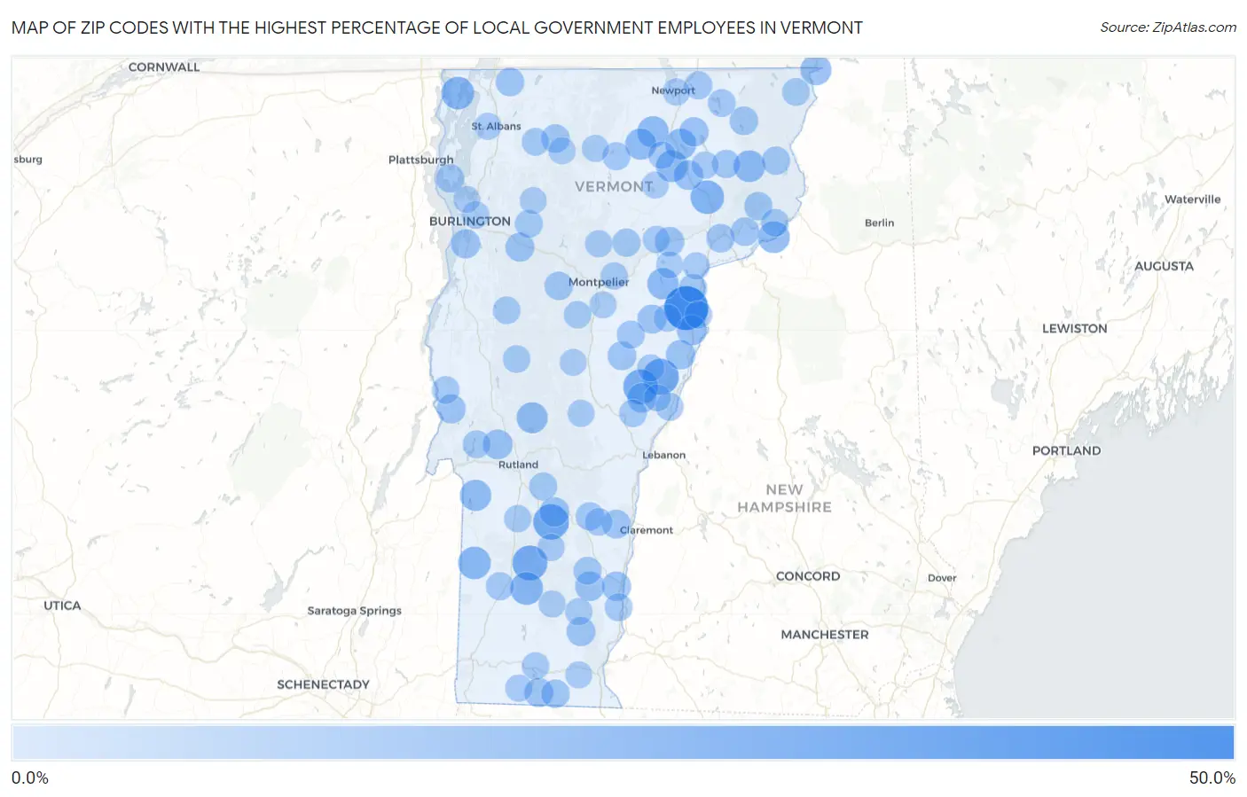Zip Codes with the Highest Percentage of Local Government Employees in Vermont Map