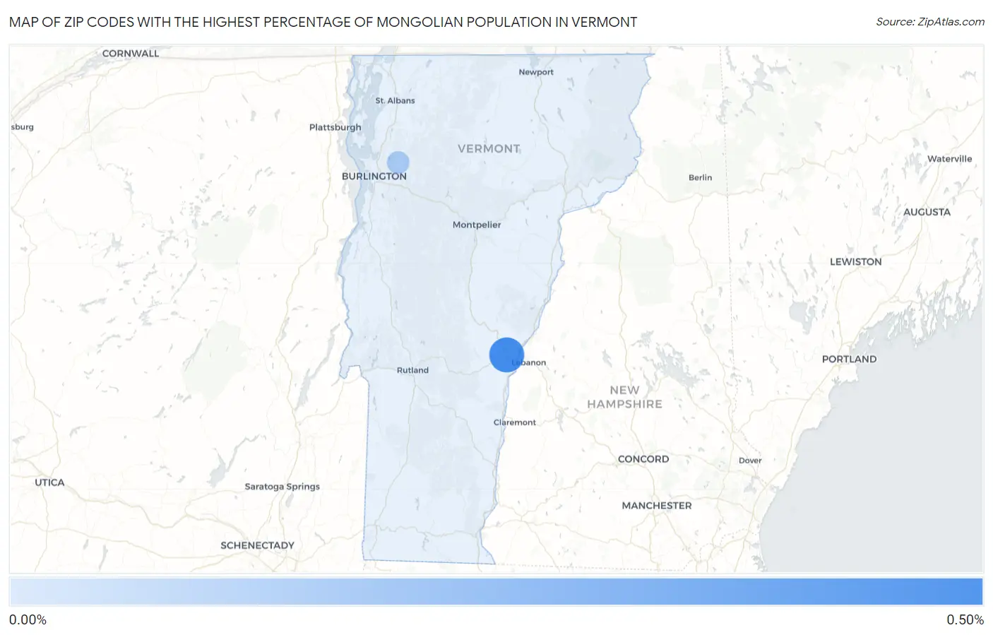 Zip Codes with the Highest Percentage of Mongolian Population in Vermont Map