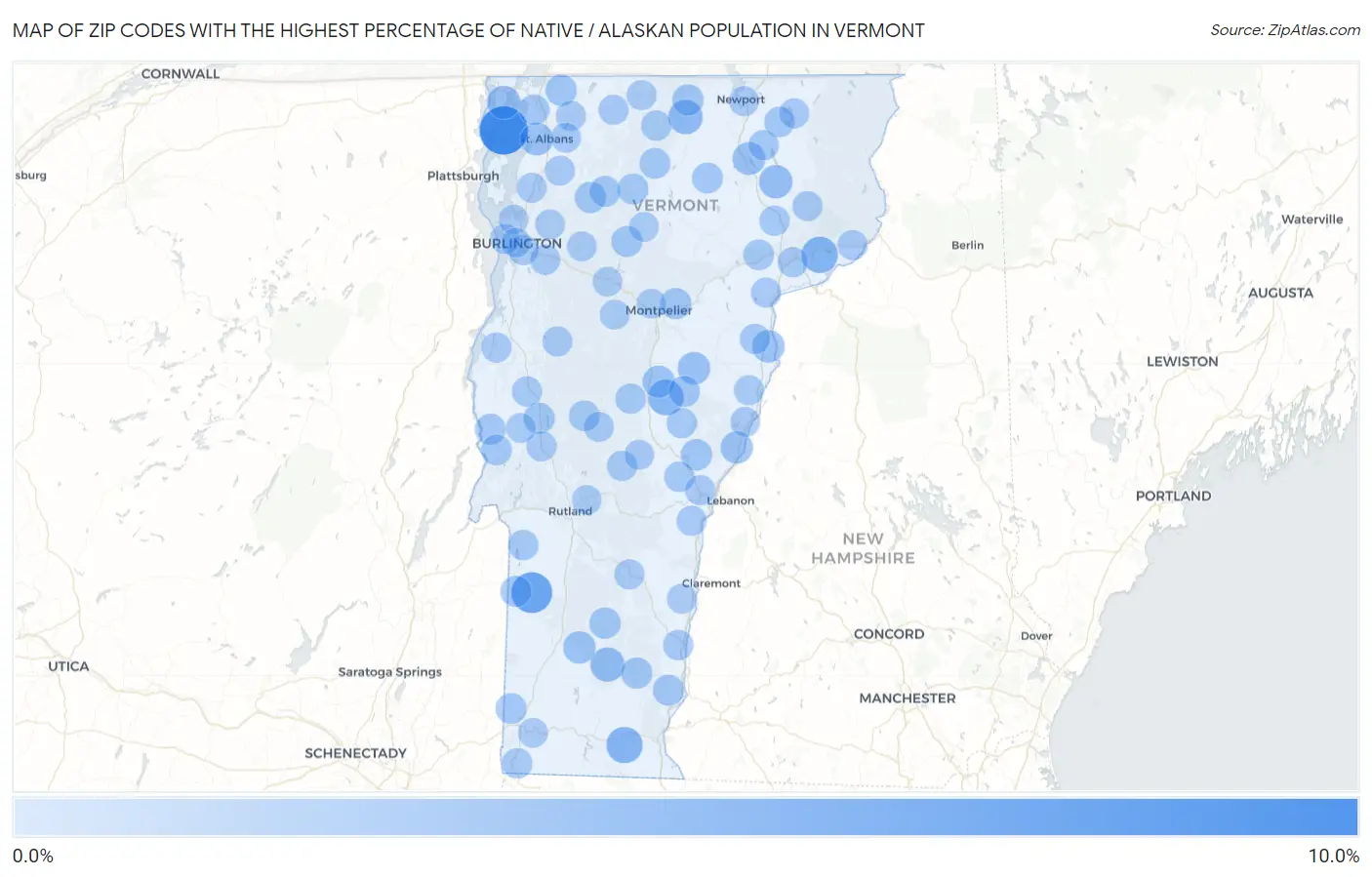 Zip Codes with the Highest Percentage of Native / Alaskan Population in Vermont Map