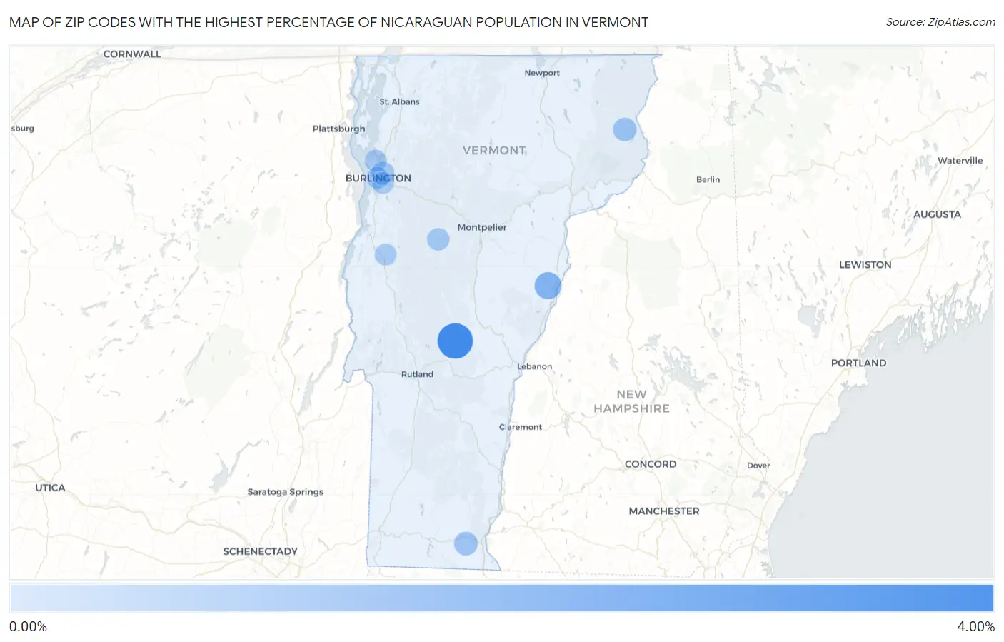 Zip Codes with the Highest Percentage of Nicaraguan Population in Vermont Map