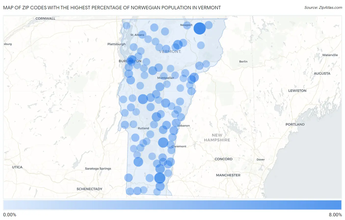 Zip Codes with the Highest Percentage of Norwegian Population in Vermont Map