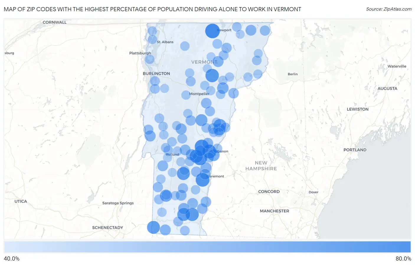 Zip Codes with the Highest Percentage of Population Driving Alone to Work in Vermont Map
