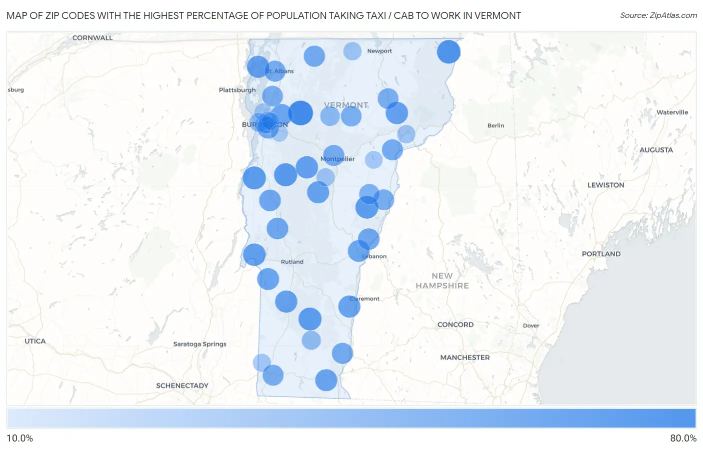 Zip Codes with the Highest Percentage of Population Taking Taxi / Cab to Work in Vermont Map