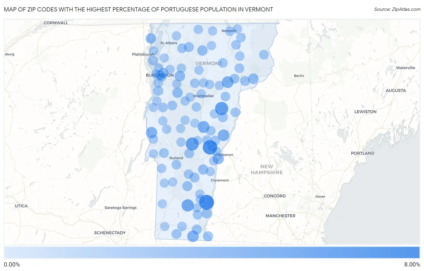 Zip Codes with the Highest Percentage of Portuguese Population in Vermont Map