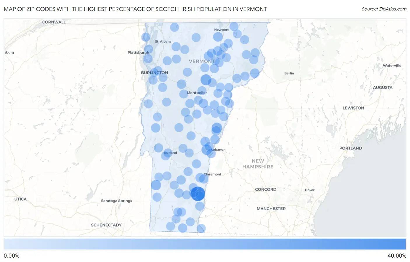 Zip Codes with the Highest Percentage of Scotch-Irish Population in Vermont Map