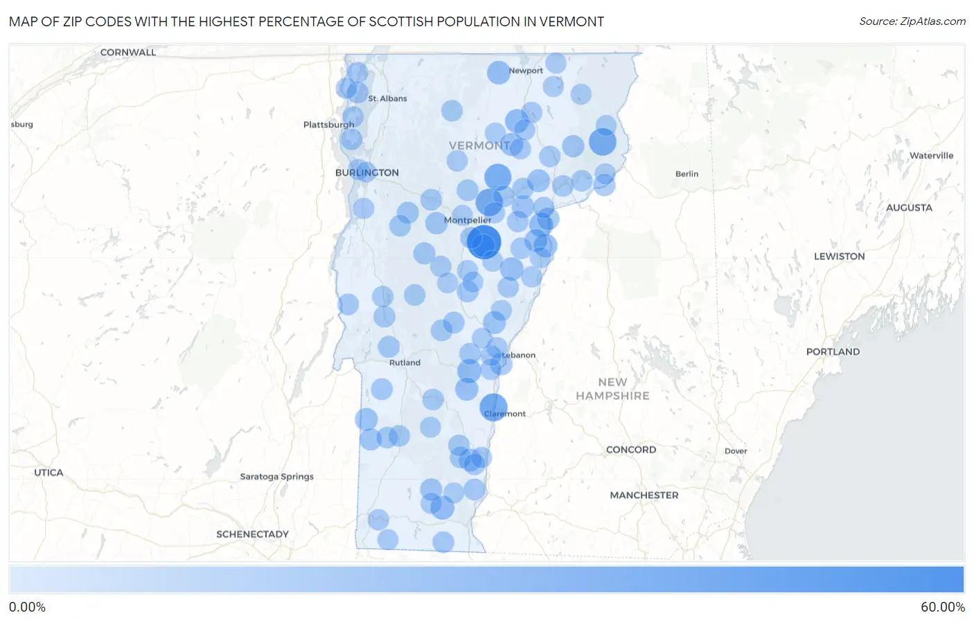 Zip Codes with the Highest Percentage of Scottish Population in Vermont Map