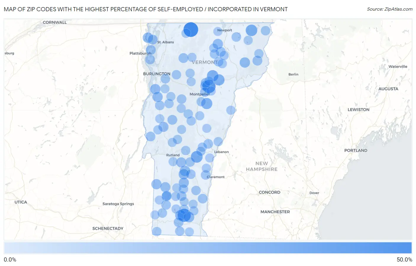 Zip Codes with the Highest Percentage of Self-Employed / Incorporated in Vermont Map