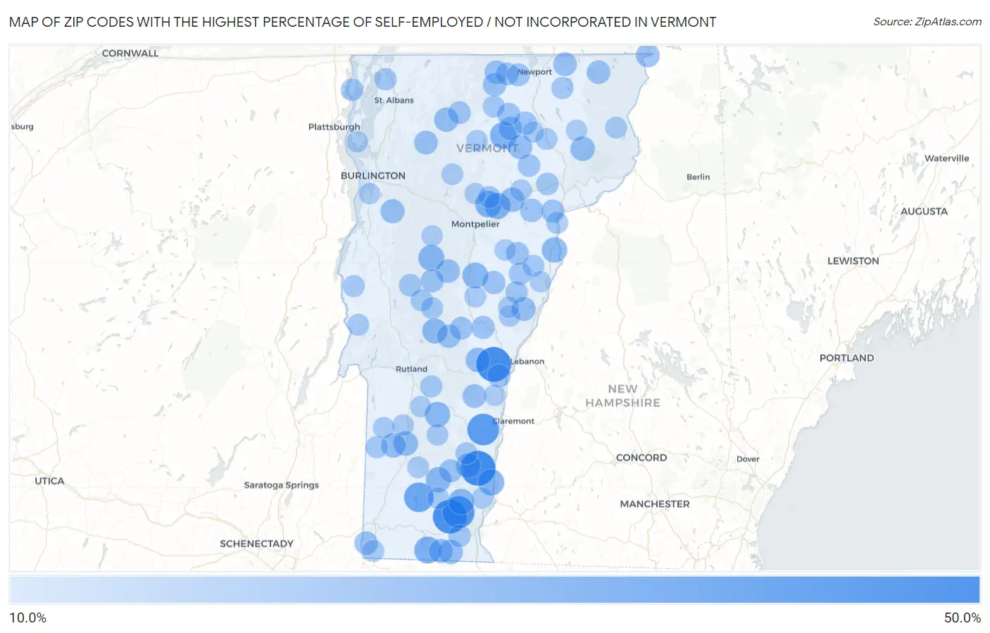 Zip Codes with the Highest Percentage of Self-Employed / Not Incorporated in Vermont Map