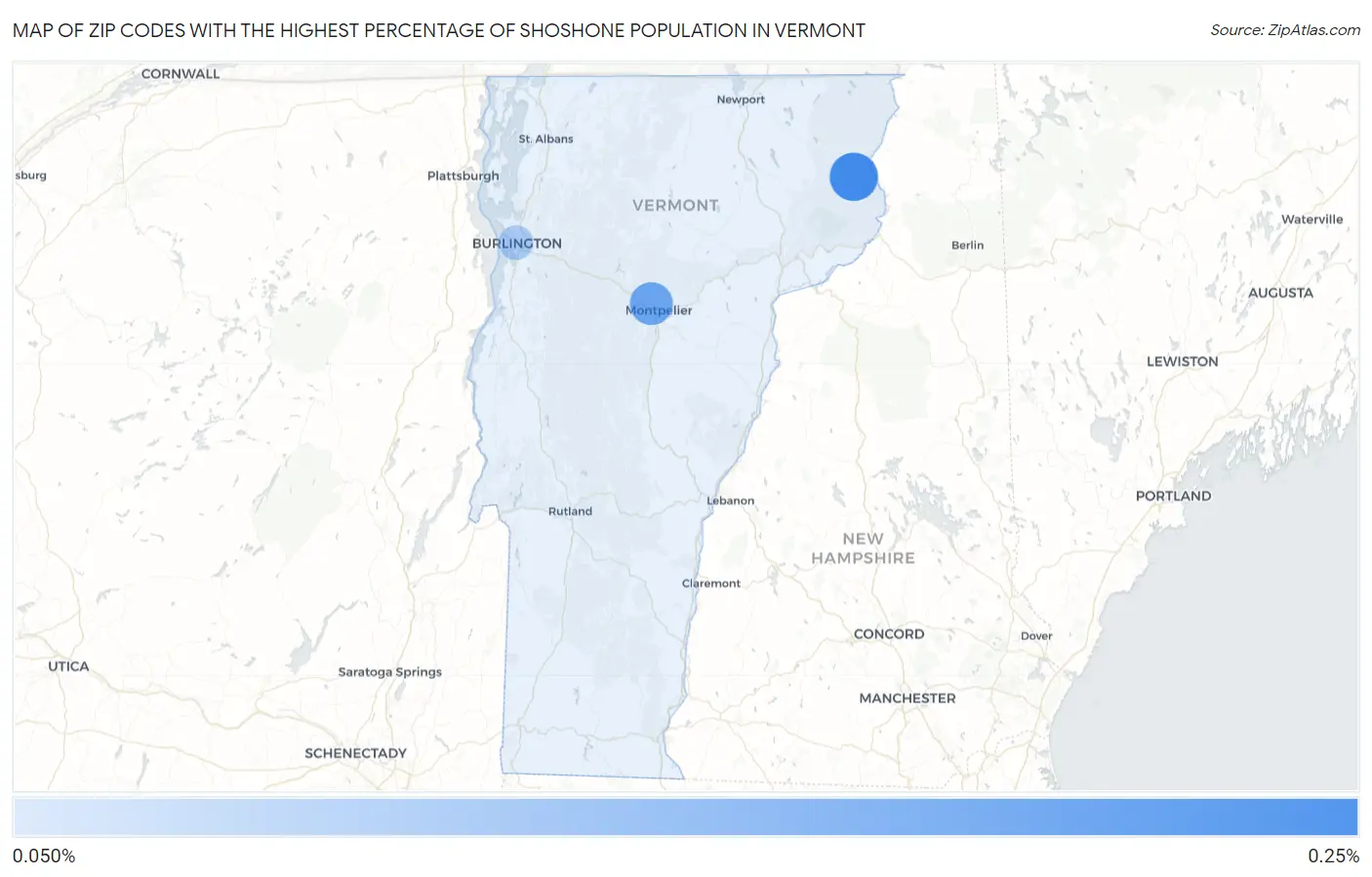 Zip Codes with the Highest Percentage of Shoshone Population in Vermont Map