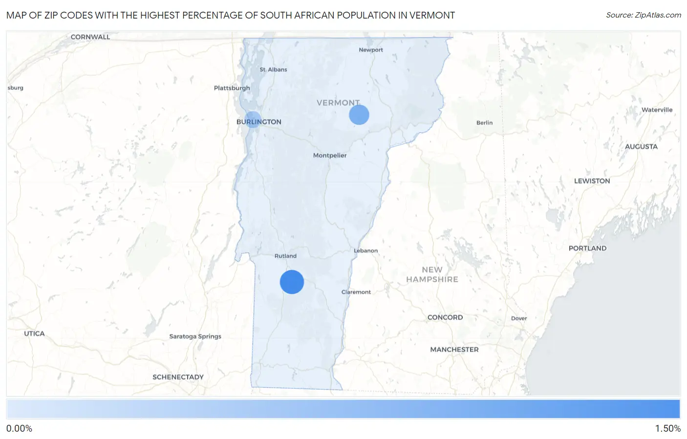 Zip Codes with the Highest Percentage of South African Population in Vermont Map
