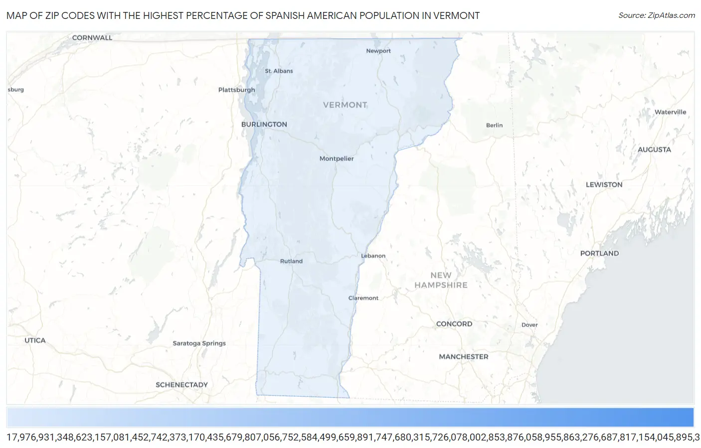 Zip Codes with the Highest Percentage of Spanish American Population in Vermont Map