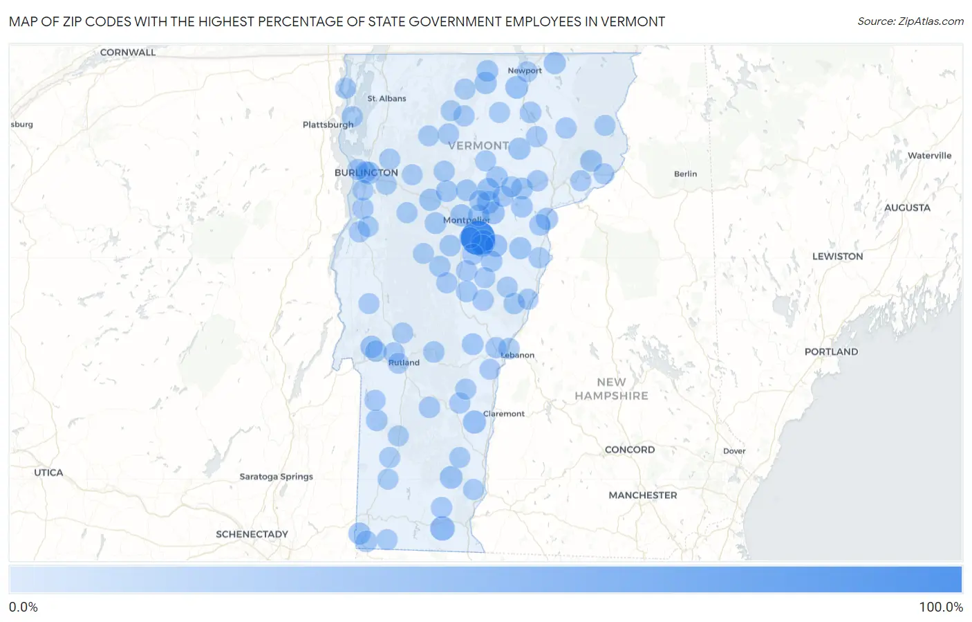 Zip Codes with the Highest Percentage of State Government Employees in Vermont Map
