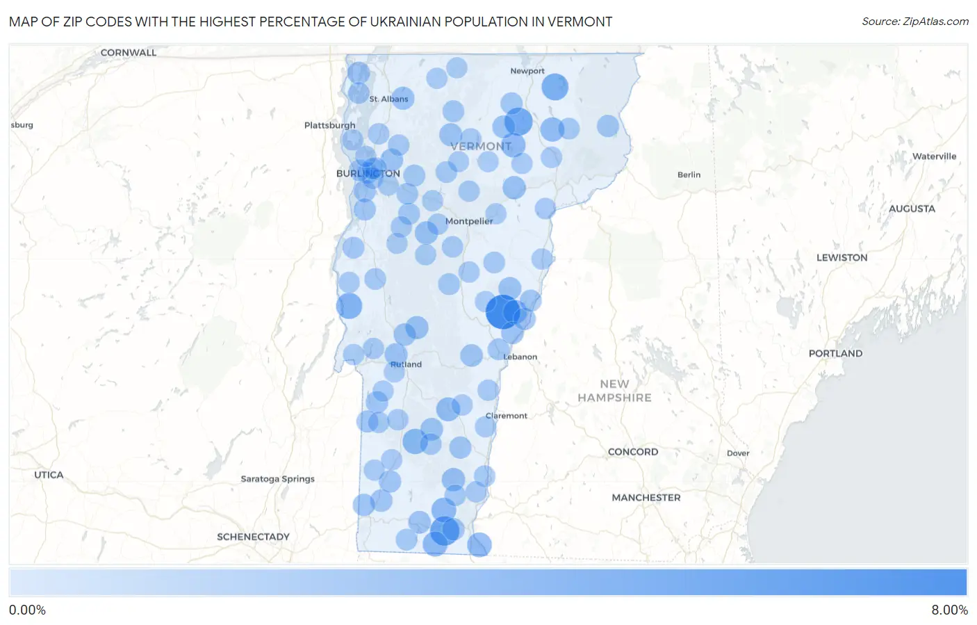 Zip Codes with the Highest Percentage of Ukrainian Population in Vermont Map