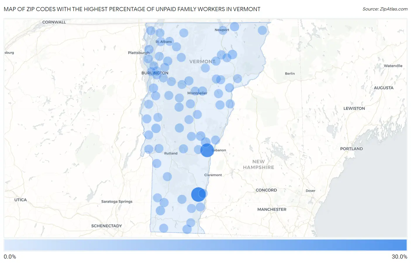 Zip Codes with the Highest Percentage of Unpaid Family Workers in Vermont Map