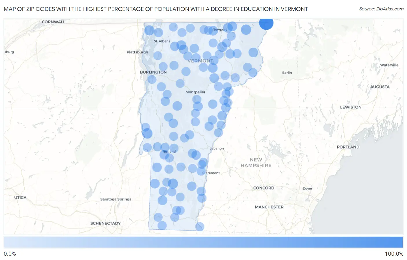 Zip Codes with the Highest Percentage of Population with a Degree in Education in Vermont Map