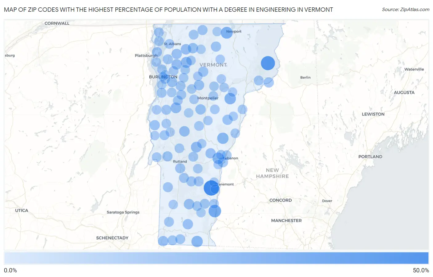 Zip Codes with the Highest Percentage of Population with a Degree in Engineering in Vermont Map