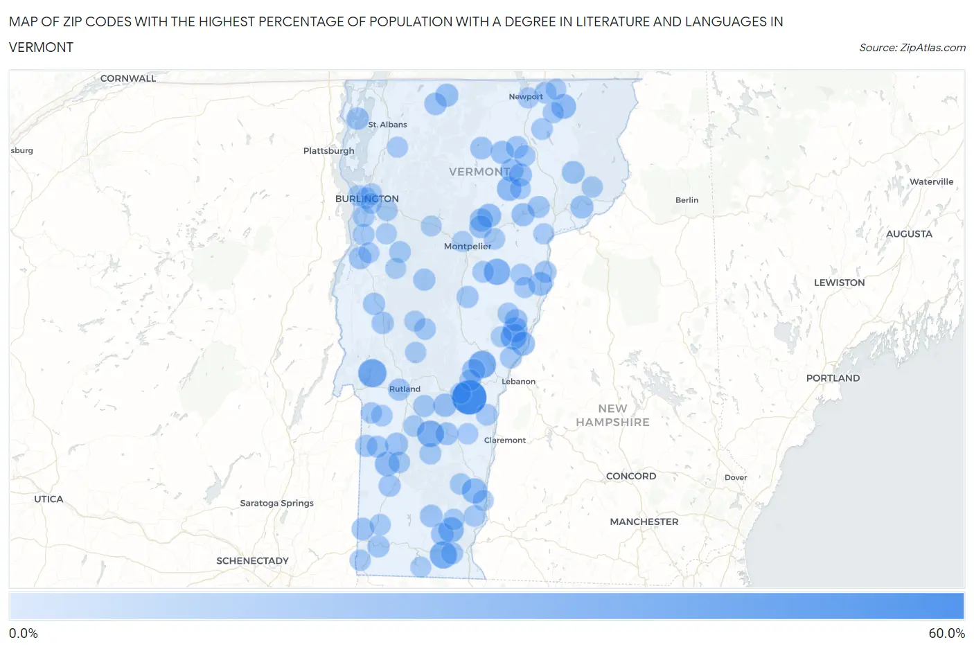 Zip Codes with the Highest Percentage of Population with a Degree in Literature and Languages in Vermont Map