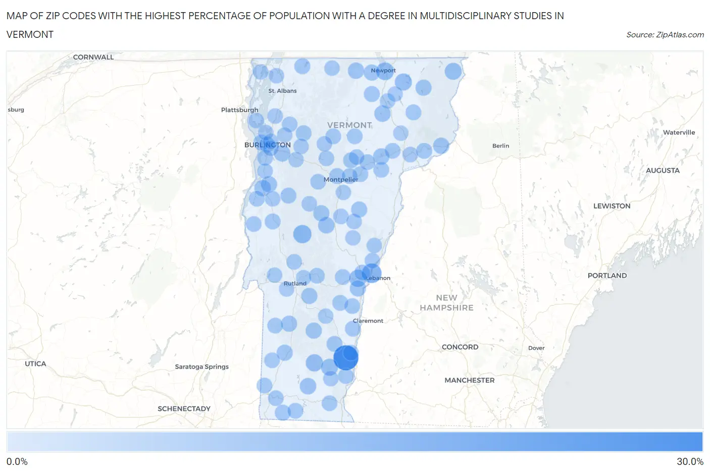 Zip Codes with the Highest Percentage of Population with a Degree in Multidisciplinary Studies in Vermont Map