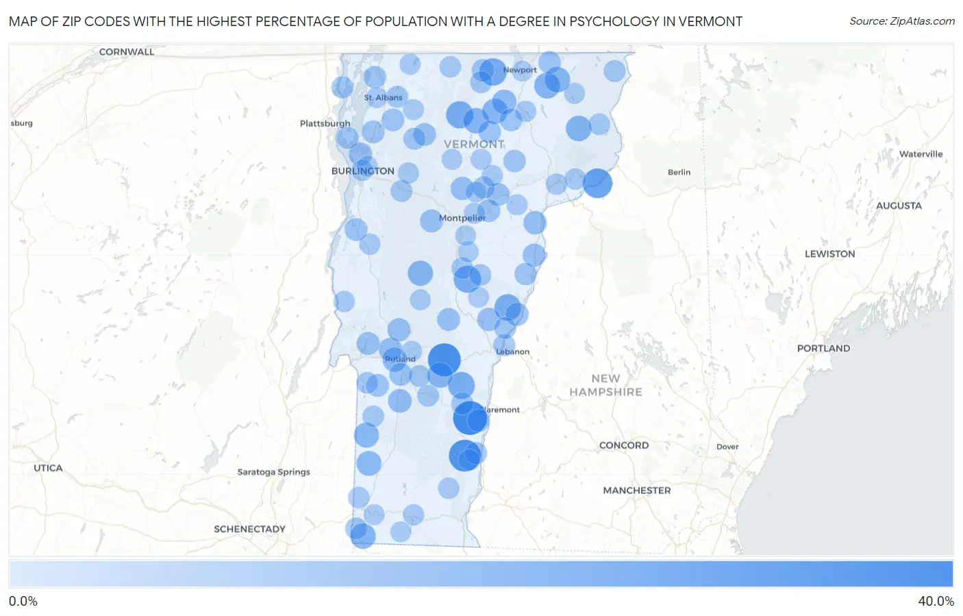 Zip Codes with the Highest Percentage of Population with a Degree in Psychology in Vermont Map