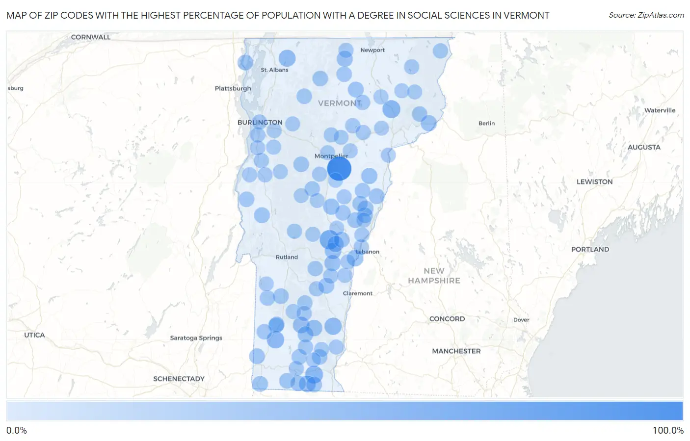 Zip Codes with the Highest Percentage of Population with a Degree in Social Sciences in Vermont Map