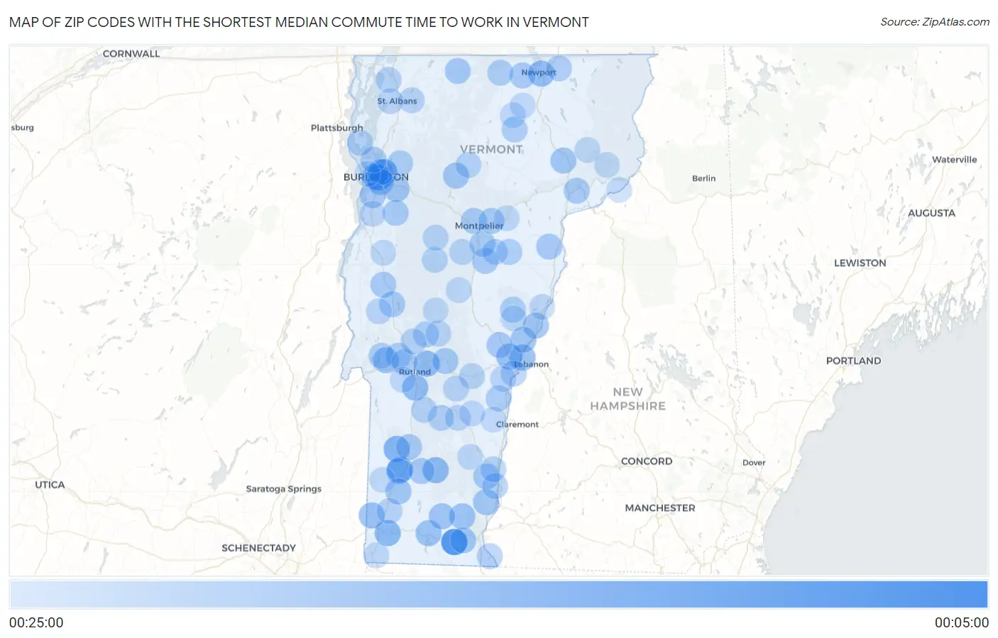 Zip Codes with the Shortest Median Commute Time to Work in Vermont Map