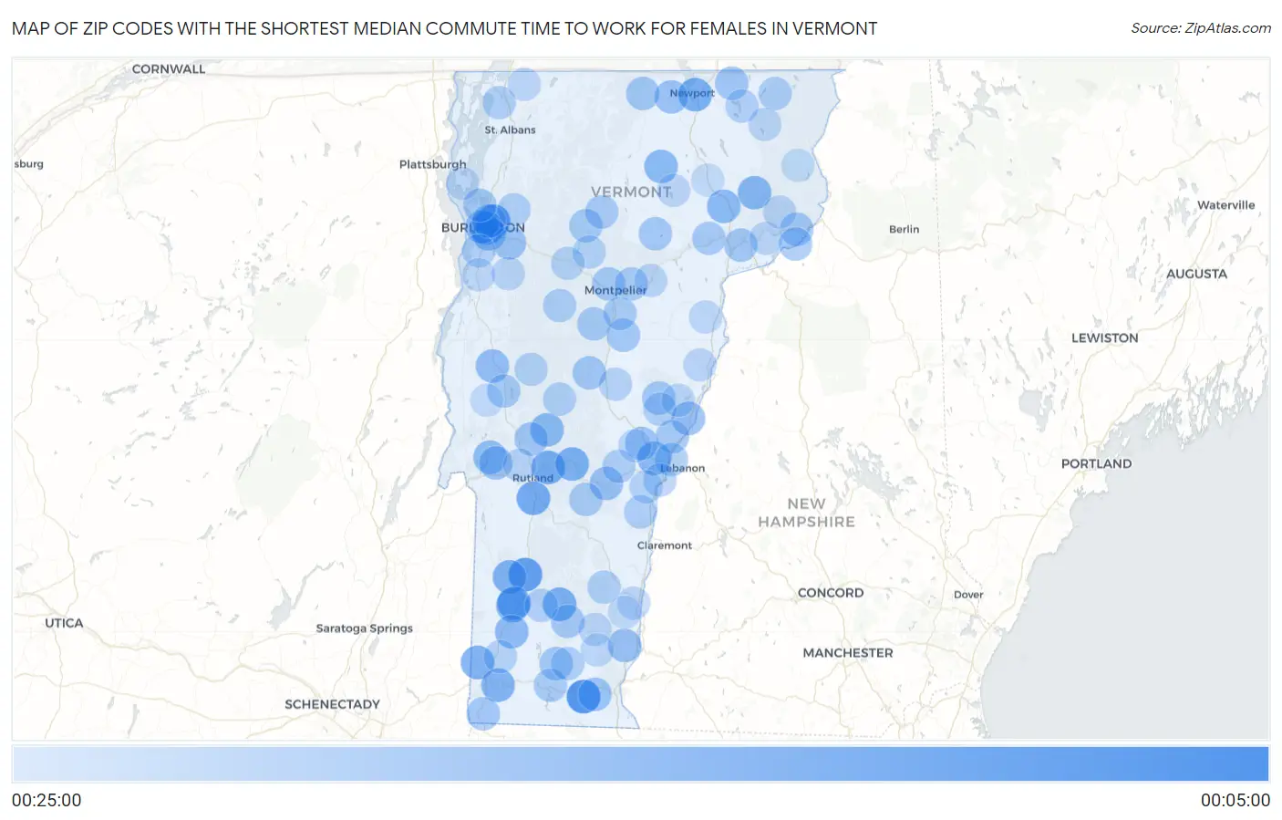 Zip Codes with the Shortest Median Commute Time to Work for Females in Vermont Map