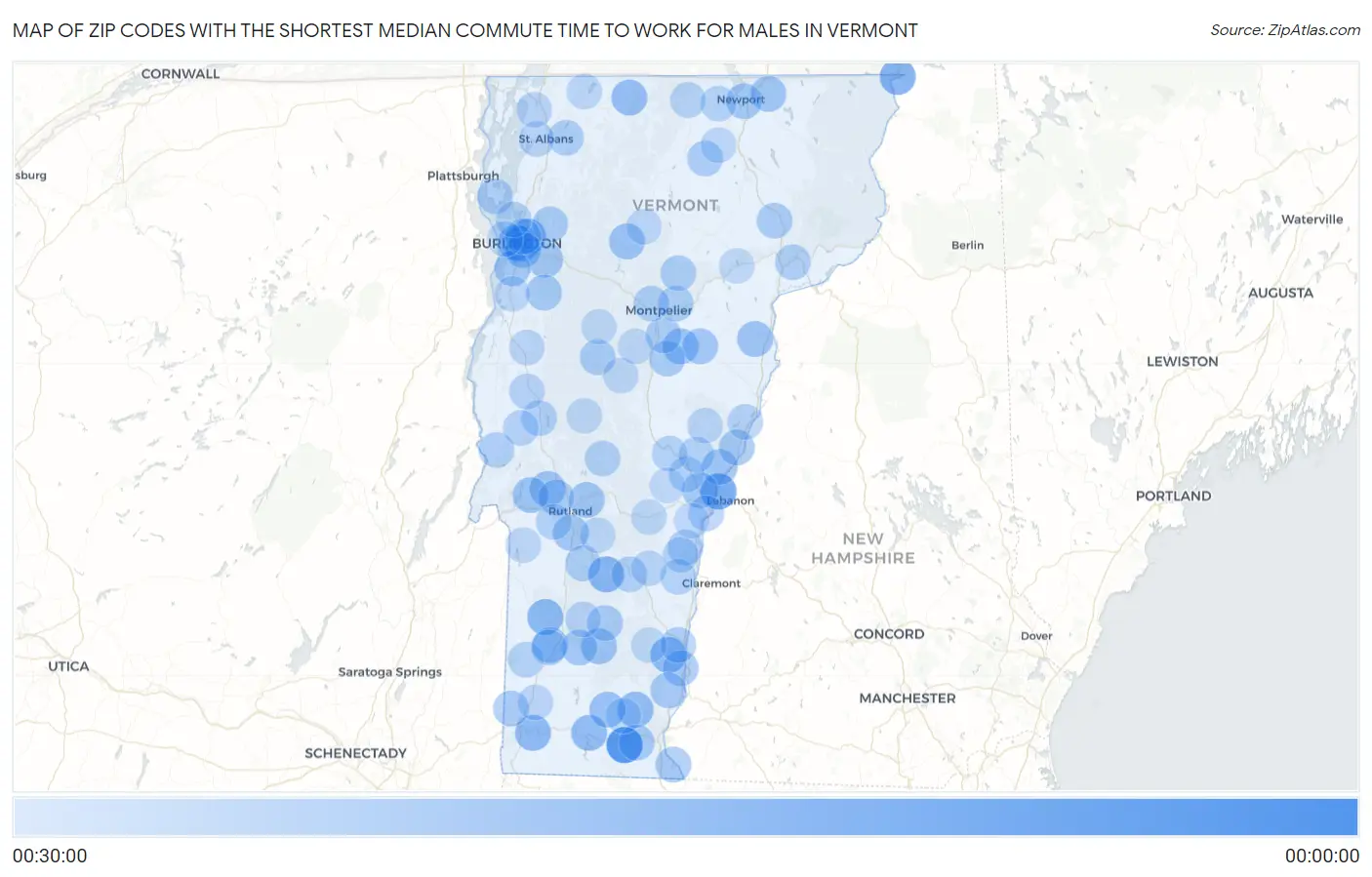 Zip Codes with the Shortest Median Commute Time to Work for Males in Vermont Map