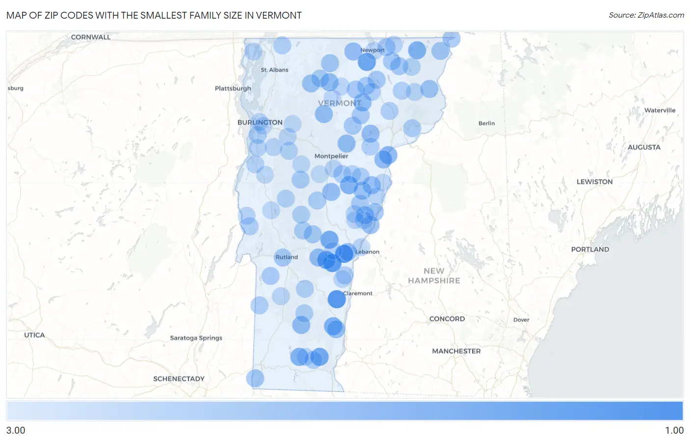 Zip Codes with the Smallest Family Size in Vermont Map