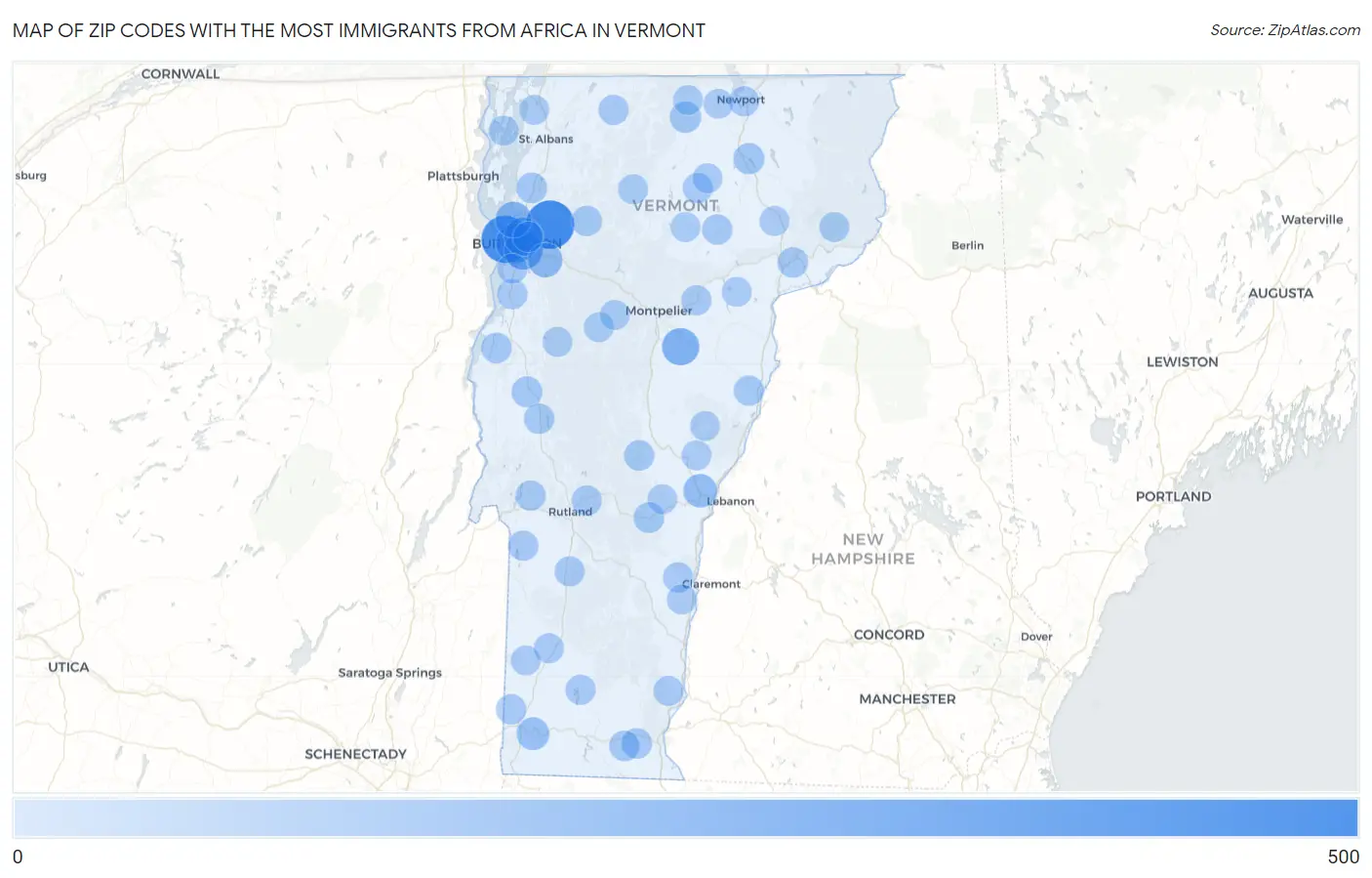 Zip Codes with the Most Immigrants from Africa in Vermont Map