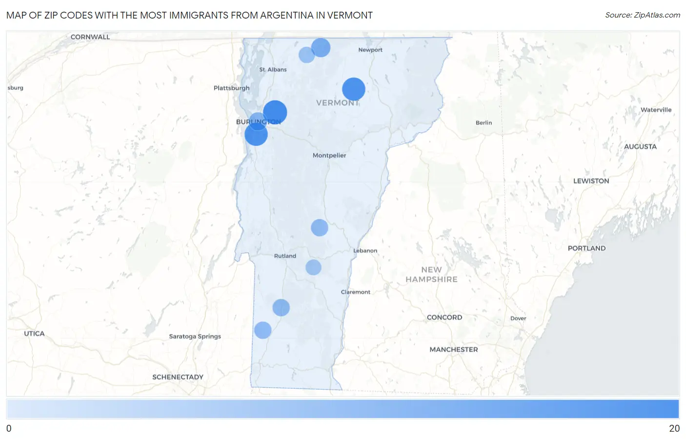Zip Codes with the Most Immigrants from Argentina in Vermont Map