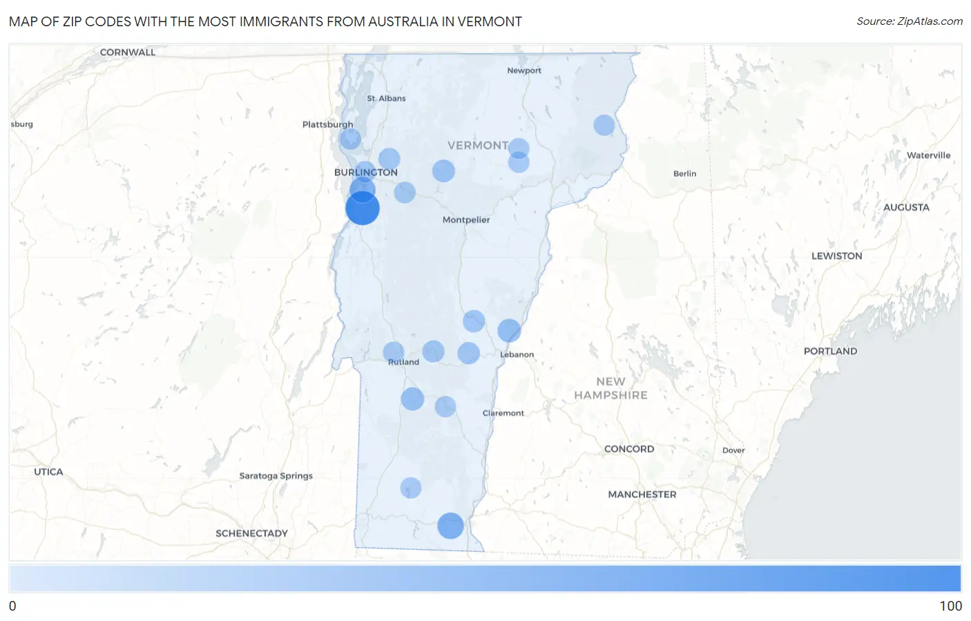 Zip Codes with the Most Immigrants from Australia in Vermont Map
